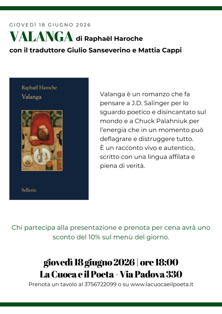 Locandina presentazione del libro Valanga di Raphaël Haroche, 18 giugno a La Cuoca e il Poeta, Milano