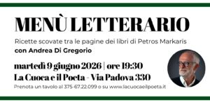 Andrea Di Gregorio ospite alla cena letteraria su Petros Markaris presso La Cuoca e il Poeta